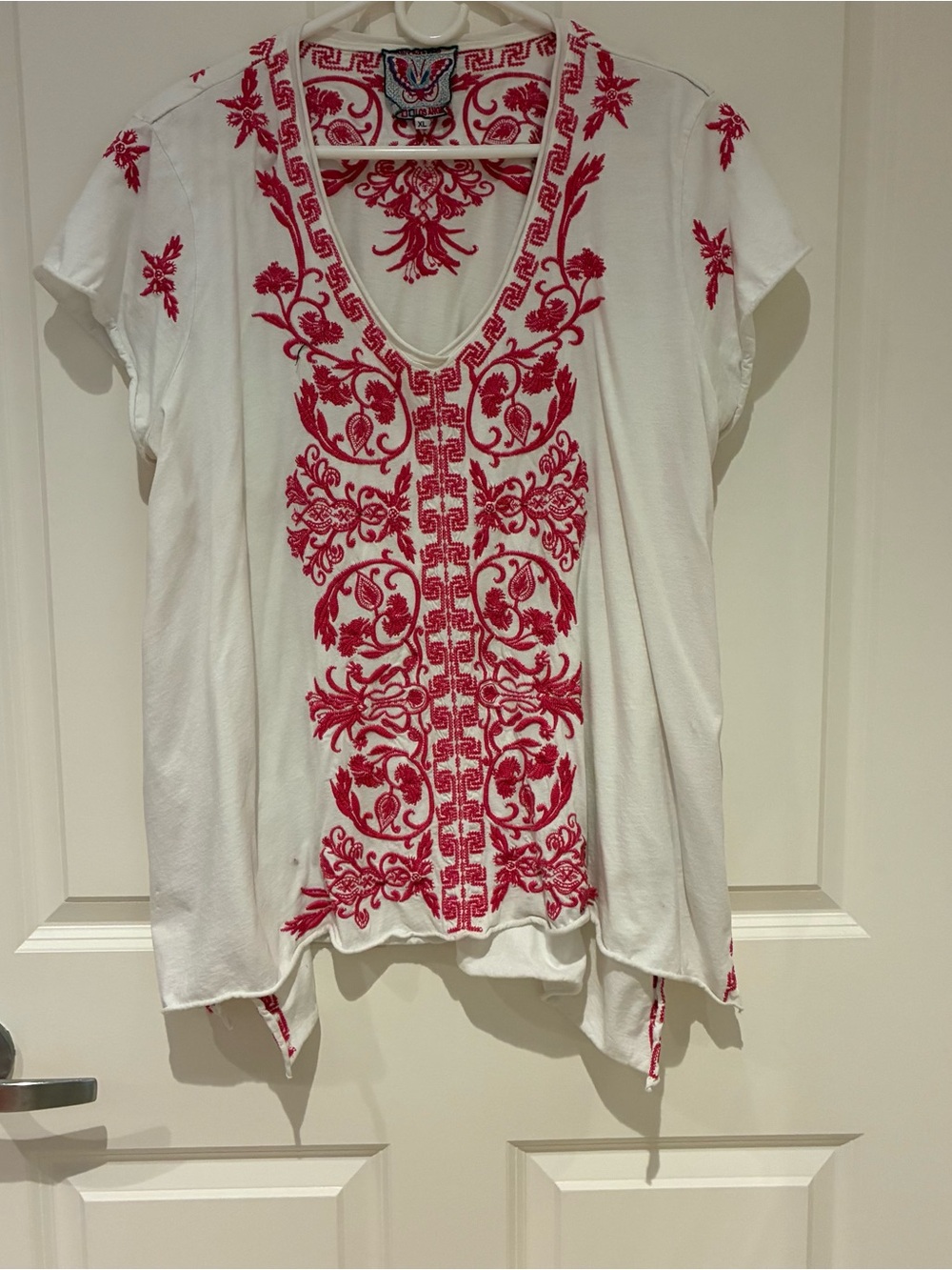 Johnny Was White V-Neck Embroidered Top with Pink Detail